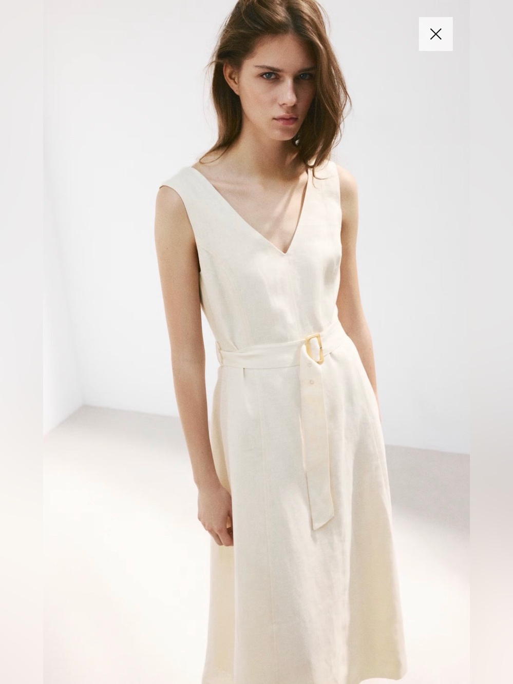 Mango Sleeveless V-Neck Linen Dress in Cream